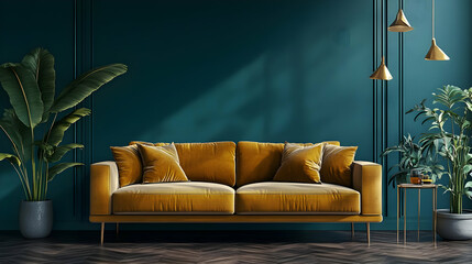 Cozy living room with a stylish mustard sofa and green plants.