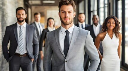 A group of diverse business professionals,including men and women of different races and ethnicities,wearing formal suits and ties,standing together in a modern office setting.