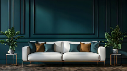 Modern living room with a white sofa and decorative plants.
