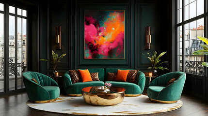 Stylish living room with vibrant art and elegant furnishings.