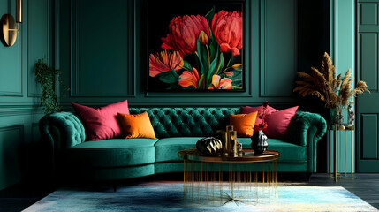 Elegant living room with a vibrant floral painting and stylish decor.
