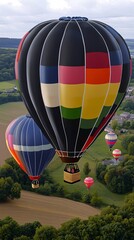 Obraz premium Colorful hot air balloons soar over green countryside.