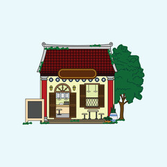 Hand drawn shop with colored traditional Chinese house style. Vector illustration design. Eps 10