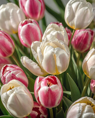 Fototapeta premium White and pink tulips delicate background. Celebrating of spring. Floral template. 