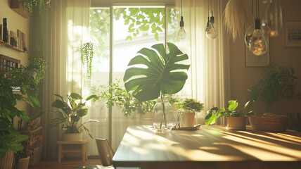 観葉植物あふれる明るいダイニングルーム