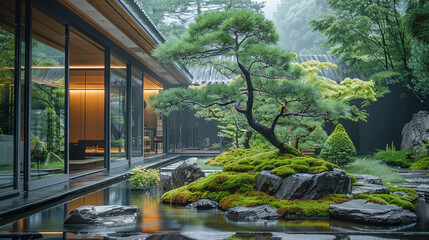 A modern Chinese-style courtyard garden with a rockery and bonsai, surrounded by pine trees, moss-covered stones, green plants, water features such as small stream.