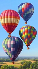 Obraz premium Four brightly colored hot air balloons float against a blue sky.
