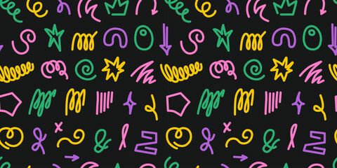 Abstract colorful doodle and scribble seamless pattern. 90s retro. Modern playful childish figures, squiggles, strokes, lines. Memphis inspired background, banner, wallpaper. Graffiti. Vector.