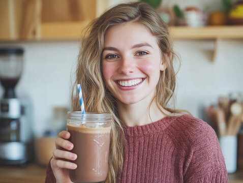 młoda piękna uśmiechnięta dziewczyna ze szklanką  smoothie.	