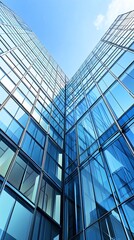 Obraz premium Low angle view of a modern glass skyscraper with a blue sky background.