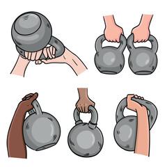 Color vector illustration of hands holding kettlebells in various positions and skin tones. Perfect for fitness and training designs.