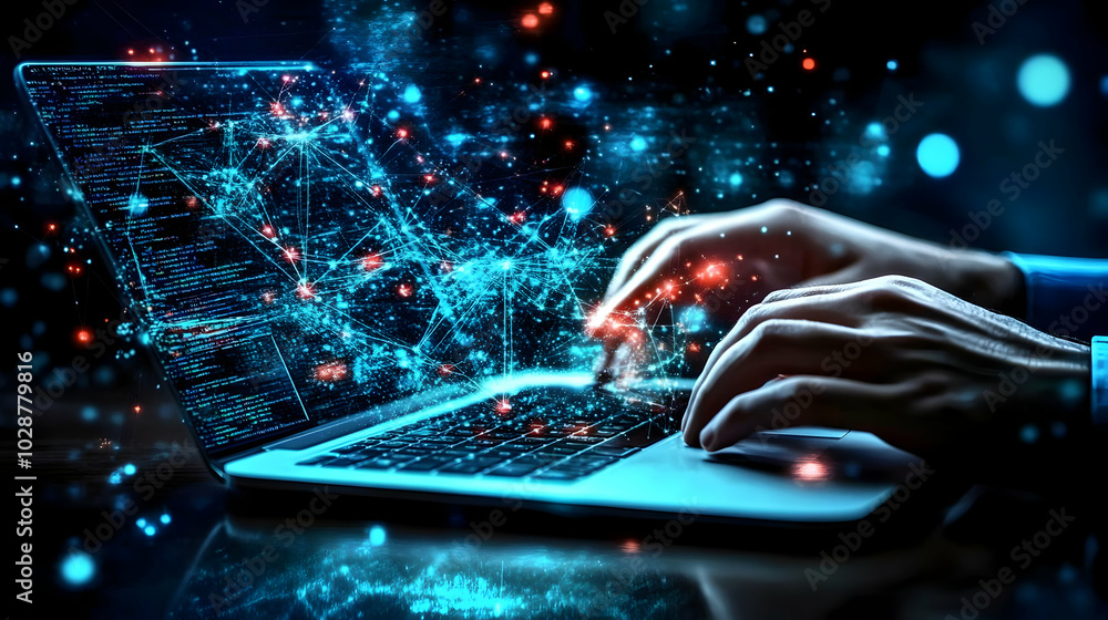 Poster hands typing on a laptop with digital connections and data visualizations.