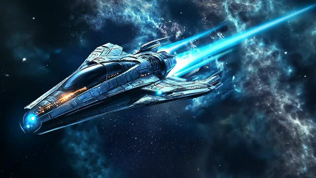 A futuristic spaceship flies through a starry expanse, leaving a trail of blue energy in its wake