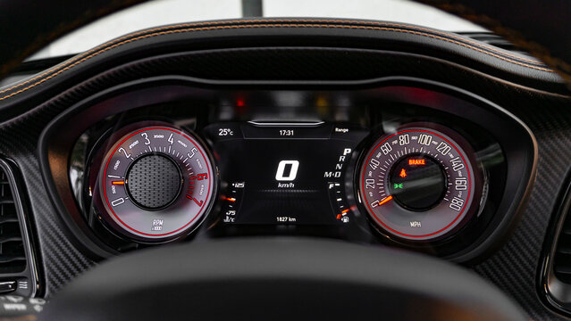 Dodge Challenger Hellcat gauge cluster closeup view, Speedometer and tachometer, Sportscar interior