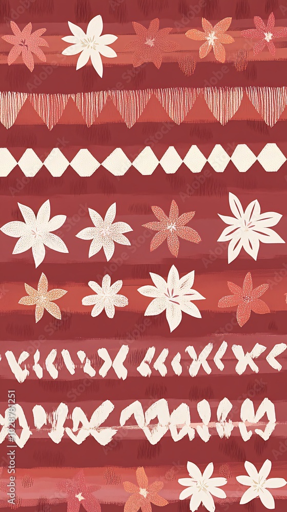Poster seamless pattern with white flowers on a red background with geometric shapes.