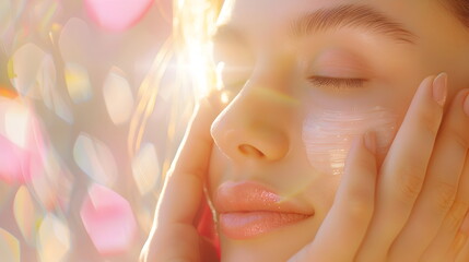 Naklejka premium Radiant Skincare Ritual: Close-up of a young woman gently applying skincare cream to her face, bathed in warm, golden sunlight. The image evokes a sense of calm, self-care, and healthy radiance. 