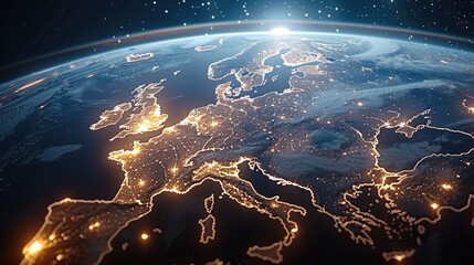 A night-time view of the Earth from space, with major cities glowing brightly. Thin digital lines link these cities, symbolizing the global digital network that never sleeps.