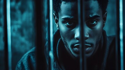 Close-up portrait of a pensive,brooding man behind prison bars,reflecting on the criminal justice system and his own captivity. Powerful and evocative image exploring themes of crime,punishment,guilt.