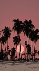 Obraz premium Silhouette of palm trees against a pink sunset sky.