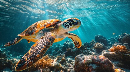 Fototapeta premium Sea turtle swimming through an underwater coral canyon 