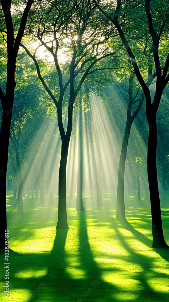 Poster sunbeams pierce through the trees in a lush green forest, creating a mystical and serene atmosphere.