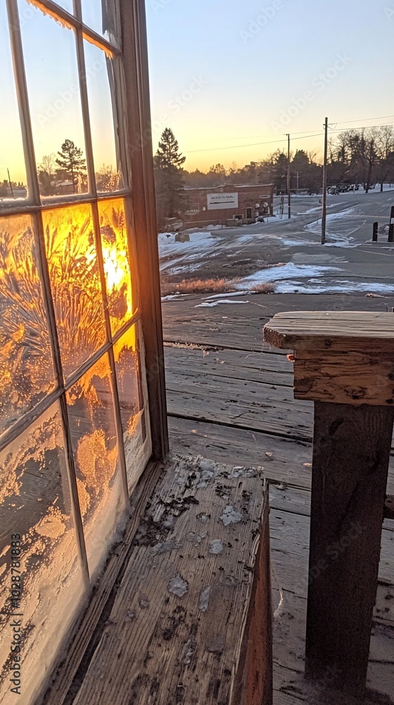 Poster sunset through a window with a view of a winter scene.