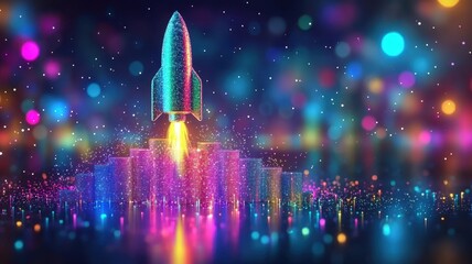 Colorful Rocket Launching into a Starry Night Sky