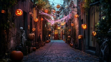 Fototapeta premium scary night in street with pumpkins