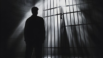 Silhouette of a Prisoner Visible Through the Bars of a Dimly Lit Prison Cell,Evoking a Sense of Captivity,Isolation and the Harsh Realities of the Criminal Justice System.