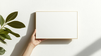 Obraz premium hand holding blank frame, wooden photo frame, close-up of a hand holding the frame