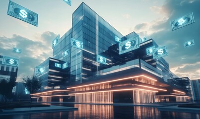 Obraz premium Glass building with dollar bill holograms.