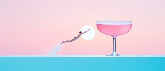 Surreal and playful collage, summer scene with a minimalist aesthetic. Swimming pool, oversized cocktail glass filled with a drink,  pink sky and a diver jumping toward cocktail. Generative AI