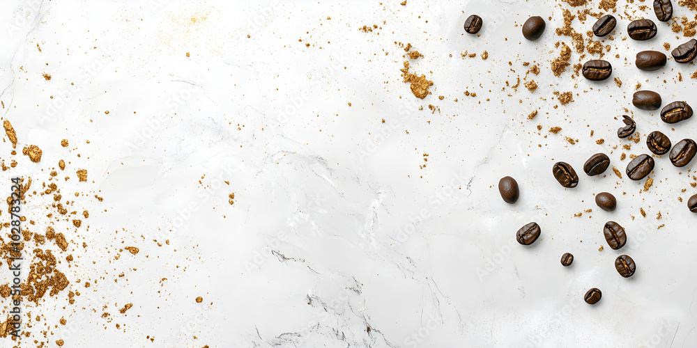Poster abstract background featuring scattered coffee beans and ground coffee on a smooth, light surface cr