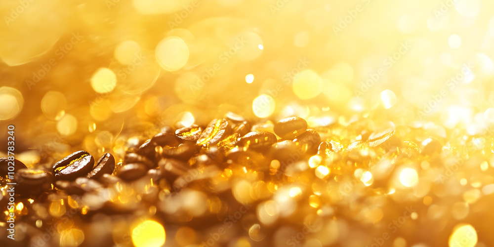 Poster an abstract background featuring shimmering coffee beans illuminated by warm light creating a rich a