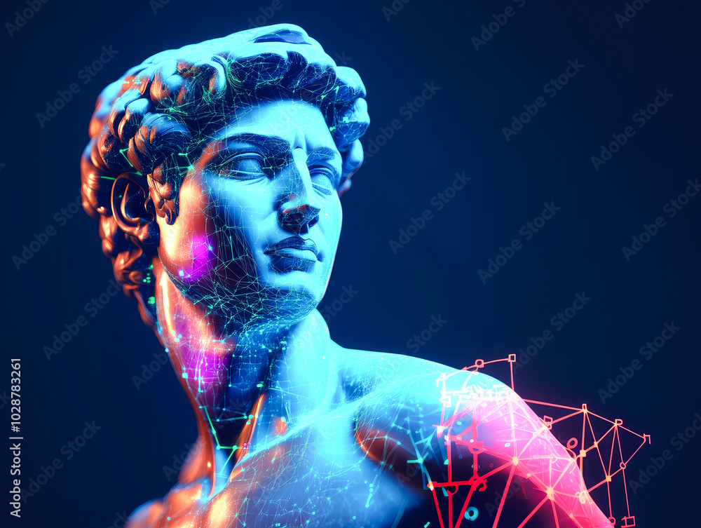 Poster a classical sculpture is overlaid with digital neon patterns, creating a vivid interplay between ant