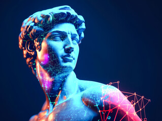 A classical sculpture is overlaid with digital neon patterns, creating a vivid interplay between antiquity and modern technology.