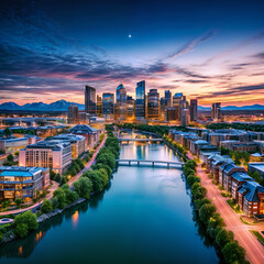 Fototapeta premium Beautiful cities with their lights, rivers, buildings composing a lush landscape in mountains.
