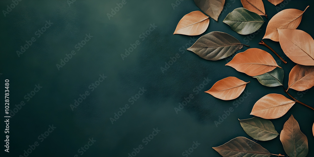 Poster an abstract background featuring a composition of various leaves in earthy tones on a dark surface c