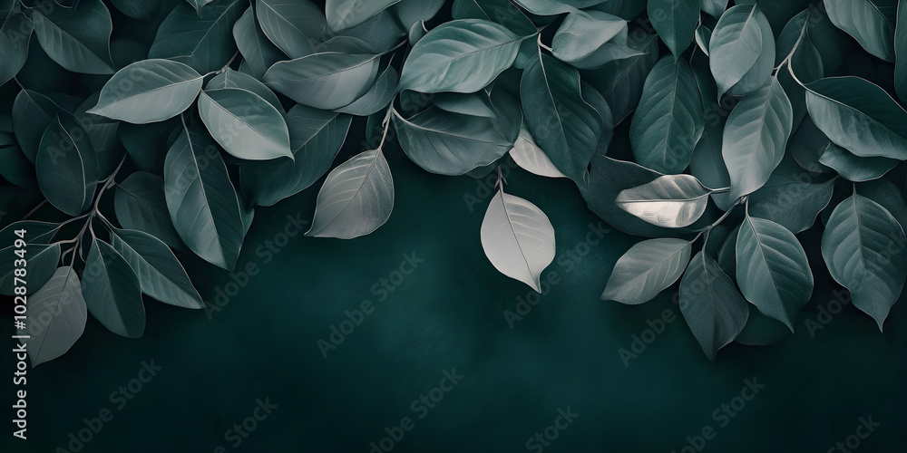 Poster abstract background featuring dark green textured surface adorned with lush coffee leaves creating a