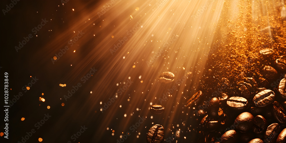 Poster a stunning abstract background featuring coffee beans illuminated by golden light rays creating a wa