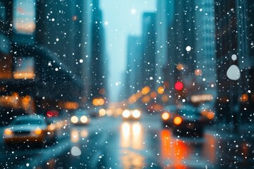 snowfall, on the blurred city background