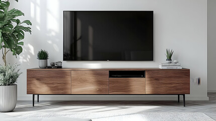 Modern living room with a TV and wooden cabinet.