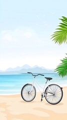 White bicycle on a sandy beach with palm trees, ocean and mountains in the background.
