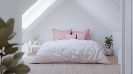 Serene attic bedroom with soft pink accents: white bedding, blush pillows, and potted plant create a cozy, minimalist retreat under sloped ceiling.