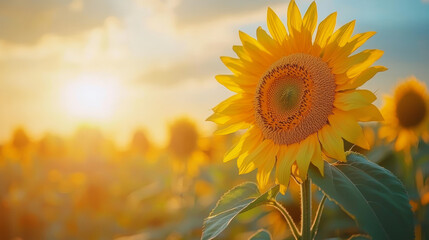 "A close-up view of a sunflower blooming in a field of sunflowers on a bright, sunny summer day with a few clouds in the sky. Helianthus."

