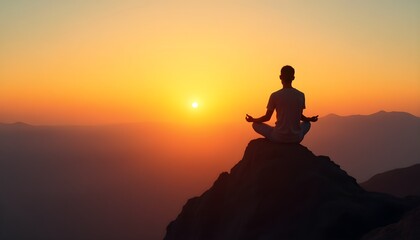 Person meditating on a mountain at sunset, symbolizing peace and stress relief.