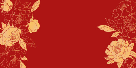 Luxurious Oriental design with yellow and red colors. Blooming golden peonies. Red background framed with branches and leaves. Ideal for wallpaper, posters, and decorative cards.