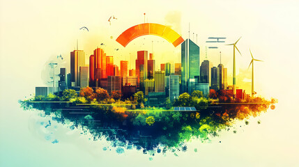 Obraz premium Vibrant city skyline with green energy elements and nature integration.