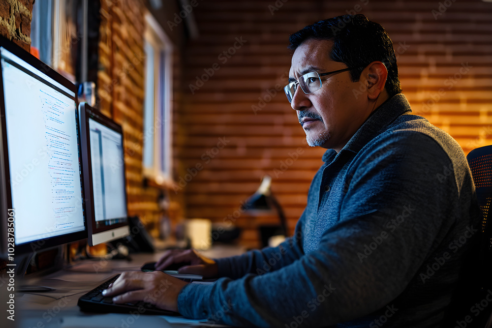 Poster a focused senior hispanic man works intently at a computer in a modern workspace with warm lighting 