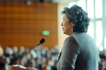 A senior hispanic woman speaks confidently at a conference, engaging the audience with her powerful presence and eloquent expression